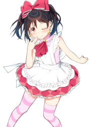1girl ;) argyle_clothes argyle_dress black_hair blush bow closed_mouth dress earrings frilled_bow frilled_dress frills hair_bow hair_ornament hand_up happy highres jewelry korekara_no_someday looking_at_viewer love_live! love_live!_school_idol_project multicolored_dress neckerchief one_eye_closed pink_thighhighs red_bow red_eyes red_neckerchief short_hair simple_background skull573 sleeveless smile solo striped_clothes striped_thighhighs thighhighs twintails white_background yazawa_nico