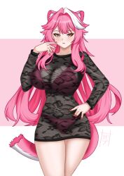 Rule 34 | 1girl, absurdres, alternate costume, animal ears, bikini, bikini under clothes, black shirt, blush, breasts, commentary, fingernails, hair intakes, hand on own hip, highres, hololive, hololive english, huge breasts, long hair, long sleeves, majin gabuu, multicolored hair, nail polish, open mouth, panther ears, panther girl, panther tail, pink background, pink bikini, pink hair, raora panthera, red nails, see-through clothes, see-through shirt, shirt, signature, solo, streaked hair, swimsuit, tail, thighs, two-tone background, two-tone hair, virtual youtuber, white background, white hair, yellow eyes