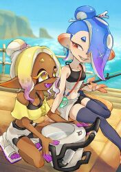 Rule 34 | 2girls, blonde hair, blue hair, blue sky, bucket, collarbone, cushion, dark-skinned female, dark skin, dock, ear piercing, fangs, fishing rod, flip-flops, frye (splatoon), frye (splatoon raiders), gari osushi, grin, hair over one eye, highres, inkling, kneeling, multiple girls, navel, nintendo, octoling, open mouth, outdoors, piercing, pointy ears, red eyes, sandals, shiver (splatoon), shiver (splatoon raiders), shorts, sitting, sky, slosher (splatoon), smile, socks, splatoon (series), splatoon raiders, tank top, tentacle hair, thighhighs, water, yellow eyes
