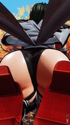 1girl 3d ass black_hair black_leotard blue_sky breasts butterfly_swords curvy forest highleg highleg_leotard highres huge_ass iroha_(samurai_spirits) kneeling leotard looking_to_the_side maid maid_headdress nature ryona samurai_spirits screencap shiny_skin short_hair sideboob skindentation sky solo standing standing_on_one_leg thighhighs third-party_edit thong_leotard tree wide_hips