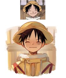 1boy ^_^ black_hair chinese_commentary closed_eyes closed_mouth coat commentary_request derivative_work hat highres ki2ri5 male_focus monkey_d._luffy one_piece scar scar_on_face screenshot_redraw short_hair solo straw_hat upper_body