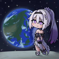 +_+ 1girl arms_behind_back backless_dress backless_outfit bare_shoulders black_gloves black_hairband blush boots breasts chibi closed_mouth commentary_request dress earth_(planet) from_behind full_body gloves gradient_hair grey_hair hair_between_eyes hair_intakes hairband highres honkai_(series) honkai_impact_3rd kiana_kaslana looking_at_viewer looking_back medium_breasts mokkyo_(motkyo) multicolored_hair planet ponytail purple_eyes purple_hair smile socks solo space white_boots white_dress white_socks