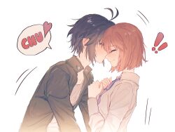 ! !! 2girls absurdres antenna_hair black_hair black_jacket blush brown_hair closed_eyes commentary ear_blush embarrassed from_side hagiwara_yukiho hands_on_own_chest heart highres idolmaster idolmaster_(classic) jacket kikuchi_makoto kiss kissing_nose motion_lines multiple_girls open_clothes open_jacket profile shirt short_hair simple_background speech_bubble sweatdrop tearing_up upper_body white_background white_shirt yumi_xsh yuri