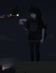 1girl absurdres aircraft atamonica bag cloak duffel_bag helicopter highres hood hooded_cloak leggings mh-6_little_bird night night_sky night_vision_device original projectile_trail rocket short_sleeves shorts sky