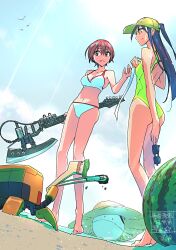 Rule 34 | 1girl, 2girls, amate yuzuriha, aqua eyes, aqua shirt, aqua skirt, axe guitar, beach, beanie, bikini, black hair, black hat, blue sky, boots, breasts, cloud, commentary request, conch (gundam), day, electric guitar, eyewear on headwear, food, fruit, green shorts, guitar, gundam, gundam gquuuuuux, haro, hat, heart, heart-shaped eyewear, heat hawk, highres, holding, instrument, long hair, looking at viewer, multiple girls, nyaan (gundam gquuuuuux), open mouth, outdoors, red hair, sand, shirt, short hair, shorts, skirt, sky, smile, sunglasses, supe (yuusyasupepen), swimsuit, translation request, watermelon, yellow eyes