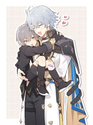 2boys aged_down antenna_hair arm_ribbon armor artist_name bandaid bandaid_on_leg black_boots black_choker black_coat black_gloves black_pants black_shirt black_shorts black_socks blue_cape blush body_markings boots border caelus_(honkai:_star_rail) cape carrying checkered_background child choker closed_eyes coat cowboy_shot fingerless_gloves fingernails gloves grey_background grey_hair hair_between_eyes heart honkai:_star_rail honkai_(series) hood hooded_coat long_sleeves looking_at_viewer male_focus multiple_boys open_clothes open_coat open_mouth outside_border pants phainon_(honkai:_star_rail) princess_carry puffy_long_sleeves puffy_sleeves ribbon shadow shirt short_hair shorts shoulder_armor smile socks standing sticker_on_leg sun_symbol t-shirt thigh_strap tongue tongue_out trailblazer_(honkai:_star_rail) two-sided_cape two-sided_coat two-sided_fabric white_border white_coat white_shirt xwd4rk yellow_cape yellow_coat yellow_eyes
