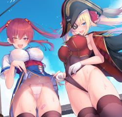 2girls akai_haato akai_haato_(1st_costume) akai_haato_(cosplay) alternate_costume aqua_eyes artistic_error bicorne blonde_hair blush breasts clothes_lift commentary commentary_request cosplay costume_switch covered_navel cowboy_shot eyepatch frontal_wedgie hair_ornament hair_ribbon hat heart heart_hair_ornament heterochromia highleg highleg_leotard highres hololive houshou_marine large_breasts leotard leotard_pull leotard_under_clothes lifting_own_clothes long_hair looking_at_viewer medical_eyepatch multiple_girls nipples no_eyepatch one_side_up open_mouth panties partial_commentary pirate pirate_hat pulling_own_clothes red_eyes red_hair red_ribbon revision ribbon see-through_clothes see-through_leotard self_wedgie skirt skirt_lift thong_leotard underwear very_long_hair virtual_youtuber wedgie yellow_eyes yoshiheihe