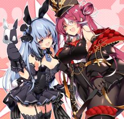 2girls animal_ears ascot ass bare_shoulders belt black_coat black_dress black_footwear black_gloves black_headwear black_leotard black_necktie black_pantyhose black_sleeves black_thighhighs blue_hair blush boots breasts brooch brown_belt coat detached_sleeves dress elbow_gloves fake_animal_ears fang garter_straps gloves hair_bun hair_down hair_ornament hand_fan heterochromia high_heel_boots high_heels hikimayu holding holding_fan hololive houshou_marine houshou_marine_(marching_band) index_finger_raised jewelry lace lace-trimmed_legwear lace_trim large_breasts leather_belt leotard long_hair multicolored_hair multiple_girls necktie open_mouth orange_eyes pantyhose playboy_bunny pleated_skirt puffy_detached_sleeves puffy_short_sleeves puffy_sleeves rabbit-shaped_pupils rabbit_ears rabbit_girl rabbit_tail red_ascot red_eyes red_hair sakurame short_eyebrows short_sleeves skin_fang skirt small_breasts smile streaked_hair symbol-shaped_pupils tail thick_eyebrows thighhighs usada_pekora usada_pekora_(furi_furi_bunny_dress) virtual_youtuber white_hair wrist_cuffs yellow_eyes