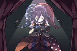 1boy alternate_costume arm_behind_back baggy_pants blue_gloves bowing buttons closed_eyes closed_mouth clown commentary_request danganronpa_(series) danganronpa_v3:_killing_harmony dark_background flipped_hair gloves hair_between_eyes hat jester_cap jester_costume male_focus nacoru oma_kokichi pants puffy_short_sleeves puffy_sleeves purple_hair short_hair short_sleeves smile solo spotlight stage standing vest waistcoat
