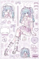 1girl absurdres ankle_bow ankle_ribbon bad_link bag black_collar blue_background blue_hair border bow breasts cake cake_slice character_name chibi cleavage closed_mouth collar cropped_torso crossed_bangs dot_nose eyelashes food frilled_skirt frilled_tank_top frills full_body gelatin grey_ribbon grey_shoes hair_between_eyes hair_bow hair_ornament hair_ribbon hairclip happy hatsune_miku heart heart_hair_ornament highres holding holding_stuffed_toy invisible_chair knee_up kneehighs knees leg_ribbon light_blush long_hair looking_at_viewer maomao_dawang mary_janes midriff miniskirt multiple_views navel one_eye_closed plaid_bag plaid_bow polka_dot polka_dot_skirt pudding purple_bow purple_ribbon purple_skirt purple_theme ribbon shoes sitting skirt smile socks spaghetti_strap straight-on stuffed_animal stuffed_cat stuffed_toy tank_top thigh_ribbon tress_ribbon twintails two-tone_skirt vertical-striped_tank_top vocaloid wariza watermark watermark_grid wavy_hair white_arm_warmers white_border white_skirt white_socks white_tank_top window y2k_fashion