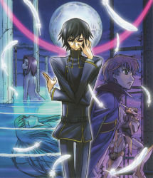 absurdres black_hair brown_hair c.c. code_geass geass green_eyes green_hair highres kimura_takahiro kouzuki_kallen kururugi_suzaku lancelot_(code_geass) lelouch_vi_britannia long_hair mecha moon nude official_art ookouchi_ricca robot school_uniform short_hair water wet