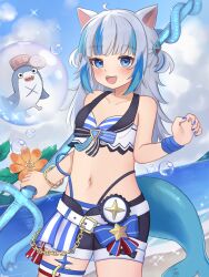 1girl absurdres animal_ears bikini black_shorts bloop_(gawr_gura) blue_eyes blue_hair blush cat_ears cat_girl fangs fins fish_tail gawr_gura grey_hair hair_ornament highres holding holding_polearm holding_weapon hololive hololive_english multicolored_hair navel nekopurin_(nyanko_prin) open_mouth polearm shark_girl shark_tail sharp_teeth shorts smile solo stomach streaked_hair striped_bikini striped_clothes swimsuit tail teeth virtual_youtuber weapon white_bikini