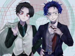 2boys alternate_costume black_hair blue_eyes blue_hair collar earrings eyebrows face_piercing fingernails formal_clothes green_background highres interlocked_arms jacket jewelry lip_piercing looking_at_viewer male_focus maruko_gaku multicolored_hair multiple_boys necktie omokage_yugamu one_eye_covered open_mouth parted_bangs parted_hair piercing red_background red_eyes simple_background smile suit suit_jacket teeth the_hundred_line_-last_defense_academy- upper_body vest white_background yaoi