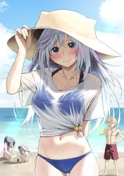 Rule 34 | 1boy, 3girls, abs, alternate costume, arm behind back, arm up, beach, bikini, blue bikini, blue eyes, blush, breasts, character request, cleavage, closed mouth, cloud, collarbone, cowboy shot, day, drawstring, dust (konosuba), eris (konosuba), faitfore, grey hair, highres, izawa (bhive003), kono subarashii sekai ni shukufuku wo!, large breasts, lean (konosuba), long hair, male swimwear, multiple girls, muscular, muscular male, navel, ocean, outdoors, red male swimwear, red swim trunks, sand castle, sand sculpture, shirt, smile, solo focus, swim trunks, swimsuit, topless male, water, wet, wet clothes, wet shirt
