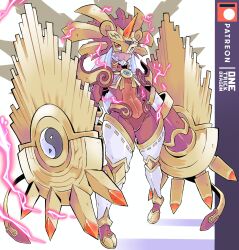 Rule 34 | 1girl, absurdres, amaterasumon, armor, armored leotard, artist name, breasts, claws, colored skin, curvy, digimon, digimon (creature), electricity, full armor, full body, grey hair, highres, horns, large breasts, leotard, long hair, mechanical arms, navel, no humans, one trick dragon, red skin, simple background, single horn, solo, very long hair, white background, wide hips, yin yang