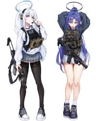 2girls absurdres adjusting_hair alternate_costume alternate_hairstyle ammunition_pouch arms_up as_val assault_rifle black_halo black_sweater black_thighhighs blue_archive bulletproof_vest closed_mouth clov3r cowboy_shot daewoo_k1 earpiece eotech feet_out_of_frame full_body grey_skirt gun gun_sling hair_between_eyes halo highres holding holding_weapon kalashnikov_rifle legs_together load_bearing_vest long_hair long_sleeves looking_at_viewer magazine_(weapon) mechanical_halo millennium_science_school_logo miniskirt mouth_hold multiple_girls noa_(blue_archive) pleated_skirt ponytail pouch puffy_long_sleeves puffy_sleeves purple_eyes purple_hair ribbon ribbon_in_mouth rifle shirt simple_background skirt smile standing suppressor sweater thighhighs tying_hair very_long_hair weapon white_background white_hair white_halo white_shirt yuuka_(blue_archive)