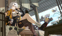 Rule 34 | 1boy, 2girls, absurdres, ahoge, animal ears, bamboo, bangboo (zenless zone zero), bird, black gloves, black thighhighs, blonde hair, breasts, bupa chila, cloud, cloudy sky, crossed legs, cup, fingerless gloves, gloves, hair ornament, heart, high-waist shorts, highres, holding, holding cup, jacket, ju fufu, multiple girls, pan yinhu, panda boy, shirt, shorts, single thighhigh, sitting, sky, table, tail, thigh strap, thighhighs, tiger ears, tiger girl, tiger tail, watermark, white hair, yellow eyes, yellow jacket, yixuan (zenless zone zero), zenless zone zero
