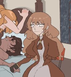 1boy 2girls 6tyninevehicles ascot bed brown_ascot brown_dress brown_gloves brown_hair brown_hairband catherine_(project_moon) cowgirl_position cuck_chair_(meme) cuckquean dress false_smile girl_on_top gloves gown hairband heathcliff_(project_moon) hetero holding_hands implied_sex indoors ishmael_(project_moon) limbus_company long_hair meme multiple_girls multiple_scars netorare nude open_window orange_hair out-of-frame_censoring project_moon reverse_netorare scar smile straddling tearing_up tears victorian window wuthering_heights wuthering_heights_(identity)_(project_moon) yellow_brooch