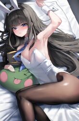 1girl absurdres ahoge animal_ear_hairband animal_ears arm_up armpits bed bed_sheet black_hair black_pantyhose blue_hair blue_necktie blunt_bangs blush breasts cleavage detached_collar fake_animal_ears from_side furrowed_brow gigabani hair_spread_out hairband highres indie_virtual_youtuber leotard long_hair looking_at_viewer lying mang_nae_(vtuber) necktie on_bed on_side pantyhose pillow playboy_bunny rabbit_ears small_breasts solo stuffed_toy thighs very_long_hair virtual_youtuber wavy_mouth white_leotard wrist_cuffs