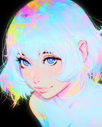 1girl bare_shoulders black_background blue_eyes bob_cut cmyk collar elbow_gloves frilled_collar frills gloves glowing glowing_hair headshot highres ilya_kuvshinov lips looking_at_viewer nose original pink_eyes shirt short_hair simple_background smile solo tight_clothes tight_top triangle white_hair