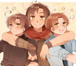 3boys ahoge arm_around_neck axis_powers_hetalia bandana black_necktie blue_shirt blush border breast_pocket brothers brown_hair brown_shirt closed_mouth collared_shirt commentary_request facial_hair fingernails gauntlets long_sleeves looking_at_viewer male_focus multiple_boys necktie ninonuko northern_italy_(hetalia) open_mouth orange_hair outside_border pocket red_bandana shirt short_hair siblings simple_background sleeveless sleeveless_shirt smile southern_italy_(hetalia) spain_(hetalia) star_(symbol) striped_clothes striped_shirt tan teeth twins upper_body v-shaped_eyebrows vertical-striped_clothes vertical-striped_shirt white_border yellow_background yellow_eyes