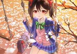 1girl bag black_hair blue_jacket blue_skirt bow branch commentary_request hair_bow highres jacket love_live! multiple_hair_bows neck_ribbon on_swing otonokizaka_school_uniform outdoors parted_lips petals pink_petals pink_sweater rabbit_charm red_bow red_eyes red_ribbon ribbon school_bag school_uniform shirt sitting skirt solo sweater swing tree twintails white_shirt yazawa_nico zen.nico