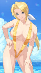 1girl blonde_hair breasts dead_or_alive helena_douglas highres large_breasts long_hair looking_at_viewer ocean slingshot_swimsuit smile solo sweat swimsuit yagi2013