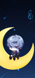1boy absurdres artist_request asymmetrical_legwear black_gloves black_pantyhose black_socks blue_brooch blue_eyes blue_shirt blue_shorts chibi closed_mouth collared_shirt crescent_moon elsword expressionless fingerless_gloves gloves grey_hair hair_between_eyes high_collar highres kneehighs light_frown looking_at_viewer loose_hair_strand moon night night_sky noah_ebalon official_art on_crescent pantyhose purple_pupils purple_shorts second-party_source shirt shooting_star short_hair short_sleeves shorts single_leg_pantyhose sitting sky socks solo star_(sky) starry_sky