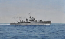 acrylic_paint_(medium) atelier_bono cannon gunboat highres imperial_japanese_navy kaiboukan_no.2 mast no_humans ocean original painting_(medium) ship_turret sky smoke smokestack traditional_media vehicle_focus