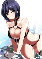 1girl arm_support armband bikini black_bikini blush bracelet breasts choker cleavage day ears_visible_through_hair front-tie_bikini_top front-tie_top grin halterneck heart heart-shaped_pupils heart_in_eye in_water jewelry kaname_nagi large_breasts leaning_to_the_side legband light_rays looking_to_the_side mole mole_under_eye navel nijisanji o-ring o-ring_bikini o-ring_top outdoors purple_hair shallow_water shizuka_rin short_hair sitting smile smirk sunbeam sunlight swimsuit symbol-shaped_pupils symbol_in_eye virtual_youtuber water yellow_eyes