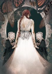 3girls back backless_outfit bandaged_head bandages black_dress braid butterfly_wings commentary_request dress feathers frilled_hairband frills from_behind hairband holding_hands insect_wings kobone_awaki long_hair mirror multiple_girls original red_hair twin_braids white_dress white_hair wings