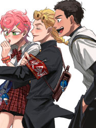 1girl 2boys armband bag bag_charm black_eyes black_hair black_pants blonde_hair blush bow bowtie braid brown_hair character_charm charm_(object) closed_eyes commentary commentary_request giorno_giovanna green_eyes guido_mista hair_ornament hairclip hand_in_pocket highres jacket jojo_no_kimyou_na_bouken lipstick long_sleeves makeup multiple_boys open_mouth orion_on_rio pants parted_lips pink_hair plaid_clothes plaid_skirt pleated_skirt red_armband red_skirt school_bag school_uniform scrunchie shirt short_hair short_sleeves skirt smile sticky_fingers_(stand) teeth trish_una vento_aureo white_background white_shirt