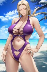 Rule 34 | 1girl, absurdres, beach, blonde hair, breasts, cloud, female focus, hand on own hip, highres, large breasts, lips, looking at viewer, mature female, nail polish, naruto (series), navel, ocean, orange eyes, palm tree, ponytail, sand, skindentation, smile, solo, sweat, swimsuit, teeth, tree, tsunade (naruto), wet, yoshio (55level)
