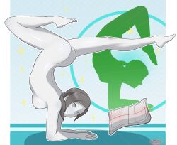 1girl armpits ass back bad_tag blue_background blush border breasts casual colored_skin feet female female_focus flexible grey_eyes grey_hair grey_skin handstand legs_behind_head legs_up long_hair mirror nintendo nipples nude nudist pale_skin ponytail sarukaiwolf scorpion_pose small_breasts smile solo spread_legs toes watermark white_border white_skin wii_balance_board wii_fit wii_fit_trainer yoga yoga_mat