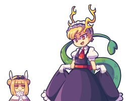 2girls :&gt; alternate_costume antlers blonde_hair blue_dress capelet check_commentary clothes_lift commentary_request cosplay cowboy_hat daigada double_bun dragon_horns dragon_tail dress gloves hair_bun hair_ribbon hat head_tilt highres horns jitome joutouguu_mayumi kanna_kamui kanna_kamui_(cosplay) kicchou_yachie kobayashi-san_chi_no_maidragon looking_at_another looking_down maid_headdress multiple_girls necktie open_mouth puffy_short_sleeves puffy_sleeves red_eyes red_neckwear ribbon shirt short_sleeves simple_background skirt skirt_hold skirt_lift tail teeth thick_eyebrows tohru_(maidragon) tooru_(maidragon)_(cosplay) touhou transparent_background upper_teeth_only white_background white_gloves white_shirt yellow_eyes