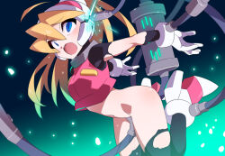 1girl anal anal_object_insertion ass black_pantyhose blonde_hair blue_eyes bottomless breasts cable ciel_(mega_man) commentary_request commission hacking helmet high_ponytail kaidou_zx long_hair medium_breasts mega_man_(series) mega_man_zero_(series) mind_control navel object_insertion open_mouth pantyhose pink_helmet pink_shirt pixiv_commission ponytail restrained saliva shirt solo tears torn_clothes torn_pantyhose vaginal vaginal_object_insertion variant_set