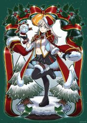 1girl alisa_ilinichina_amiella alternate_costume black_boots black_gloves black_skirt blue_eyes boots bow breasts christmas fur-trimmed_boots fur-trimmed_gloves fur-trimmed_headwear fur-trimmed_jacket fur-trimmed_shirt fur_trim gloves god_eater grey_hair hat highres holding holding_snow_globe holly jacket jacket_on_shoulders large_breasts leg_up long_hair looking_at_viewer navel open_clothes open_jacket open_shirt pine_tree red_bow red_hat red_jacket saiwo_(saiwoproject) shirt skirt snow_globe solo thigh_boots tree white_shirt