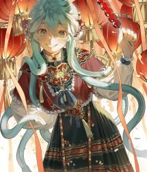 1girl alternate_hairstyle aqua_eyes aqua_hair aqua_nails arm_behind_back banbi chinese_clothes chinese_commentary chinese_zodiac commentary_request cowboy_shot food grin hanfu hatsune_miku holding holding_food jianli lantern looking_at_viewer nail_polish ruqun smile snake_hair solo tanghulu tassel vocaloid year_of_the_snake yunjian