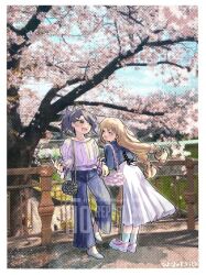 against_railing bag black_eyes black_hair blouse bridge cherry_blossoms closed_eyes colette_brunel denim denim_jacket dress frilled_sleeves frills fujibayashi_sheena handbag jacket jeans mametaro_(ma_me_ta_ro) pants park ponytail railing shirt shoes smile sneakers tales_of_(series) tales_of_symphonia white_dress white_shirt