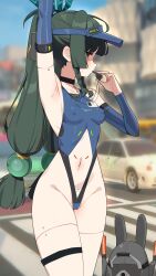 1girl absurdres android arm_up armpits bangboo_(zenless_zone_zero) blurry blurry_background braid breasts car covered_erect_nipples green_eyes green_hair highleg highleg_leotard highres holding holding_whistle leotard long_hair motor_vehicle navel presenting_armpit qingyi_(zenless_zone_zero) revealing_clothes revision small_breasts solo sweat thigh_strap thighs twin_braids twintails w.k whistle zenless_zone_zero