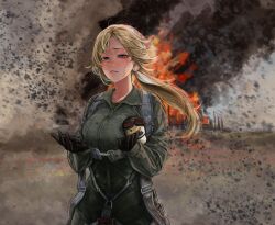 1girl battle blonde_hair blue_eyes blue_sky breasts carpet_bombing cloud cloudy_sky day dreaming earrings empty_eyes explosion explosion_background explosive field fire firing flight_suit floating_hair flower flower_field freckles g-suit green_jumpsuit grey_sky headscarf highres hill jacket jewelry jumpsuit landscape long_hair long_sleeves m4skedboi meadow messy_hair nature olena_bozhuk open_mouth original outdoors petals ribbon rural russo-ukrainian_war scenery shaded_face sky solo standing stuffed_toy teeth town ukraine ukrainian_clothes village war white_headscarf wind wind_lift yellow_flower