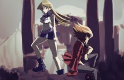 Rule 34 | 1boy, 1girl, bare shoulders, black pants, blue skirt, blurry, blurry background, brown eyes, brown hair, duel academy uniform (yu-gi-oh! gx), from side, full body, highres, jacket, jacket on shoulders, long hair, looking at viewer, medium hair, miniskirt, pants, profile, red jacket, skirt, standing, tenjouin asuka, vest, white vest, yamabuki tt, yu-gi-oh!, yu-gi-oh! gx, yuki judai