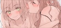 2girls amane_(7783) blonde_hair blush brown_hair closed_eyes commentary_request ear_blush ear_licking heart highres ichinose_shiki idolmaster idolmaster_cinderella_girls licking long_hair miyamoto_frederica multiple_girls short_hair spoken_heart sweat yellow_eyes yuri