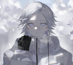 1boy aotsuki_eito black_gloves bright_pupils chinese_commentary glasses gloves grey_background grey_hair hand_up highres jacket looking_at_viewer male_focus parted_lips purple_eyes short_hair solo straight-on the_hundred_line_-last_defense_academy- upper_body white_jacket white_pupils xueyu80269
