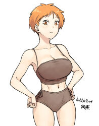 1girl bare_shoulders blush breasts collarbone cowboy_shot dated hands_on_own_hips large_breasts light_blush navel orange_eyes orange_hair original pants short_hair shorts signature simple_background smile stomach thighs tsukudani_(coke-buta) tsurime-chan white_background