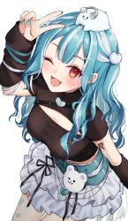 Rule 34 | 1girl, arm warmers, black arm warmers, black shirt, blue hair, blue nails, blush, cleavage cutout, clothing cutout, commentary, fang, grey skirt, hashtag-only commentary, highres, hozumi toki, looking at viewer, multicolored hair, one eye closed, open mouth, orange eyes, shiranami ramune, shiranami ramune (3rd costume), shirt, skirt, solo, stuffed toy, two-tone hair, v, virtual youtuber, vspo!, white background, white hair
