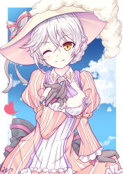 black_ribbon blowing_kiss blue_sky breasts dress gizeric_fausta hat highres iris_mysteria! k_(nura-rikuo) one_eye_closed pink_dress ribbon sky smile white_hair white_hat yellow_eyes