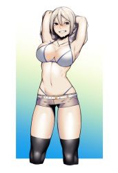 1girl absurdres arms_up bikini black_thighhighs blue_background blush breasts commentary_request denim denim_shorts dyun feet_out_of_frame gradient_background green_background grey_hair grin hair_between_eyes heart heart_necklace highleg highleg_bikini highres idolmaster idolmaster_cinderella_girls jewelry large_breasts navel necklace outside_border parted_lips shiomi_syuko short_hair short_shorts shorts simple_background smile solo swimsuit teeth thighhighs thighs wet white_background