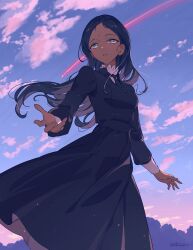 1girl artist_name bindi black_dress black_hair brown_hair cloud commentary_request dark-skinned_female dark_skin dress green_eyes gundam gundam_gquuuuuux highres kodamazon lace-trimmed_collar lace_trim lalah_sune long_sleeves sky sleeve_cuffs solo sunset white_sleeve_cuffs