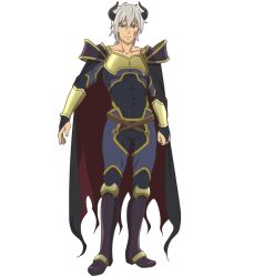 Rule 34 | 1girl, anime coloring, arm guards, armor, belt, black bodysuit, black cloak, black horns, blue eyes, bodysuit, boots, breastplate, cloak, closed mouth, collarbone, demon horns, diablo (isekai maou), facepaint, full body, gloves, grey hair, hair between eyes, highres, horns, isekai maou to shoukan shoujo no dorei majutsu, kaneko shizue, looking at viewer, official art, open hand, purple boots, short hair, shoulder armor, simple background, smile, solo, standing, transparent background